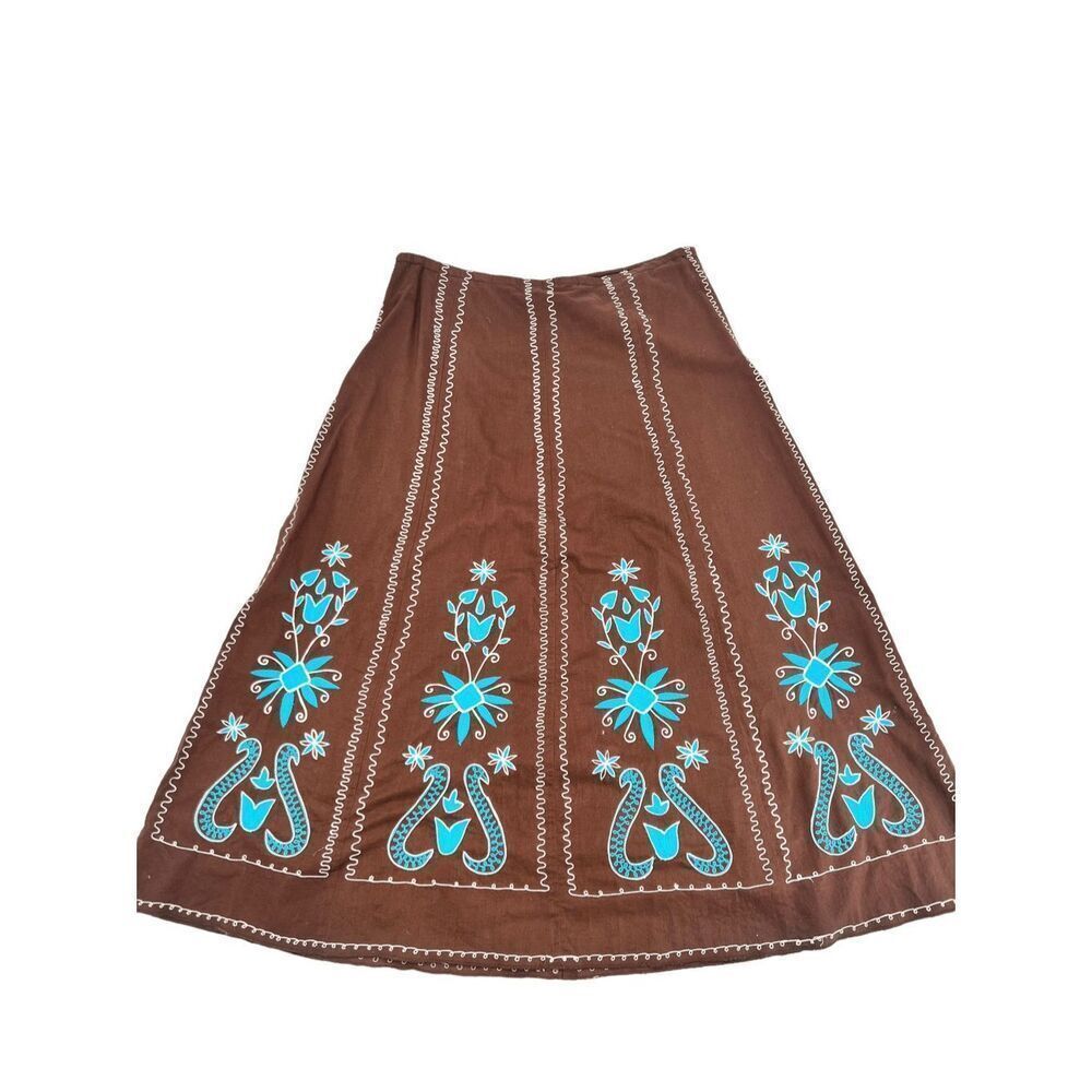 A La Carte Brown Cotton Embroidered Skirt, Size 8 boho modest - Picture 2 of 8